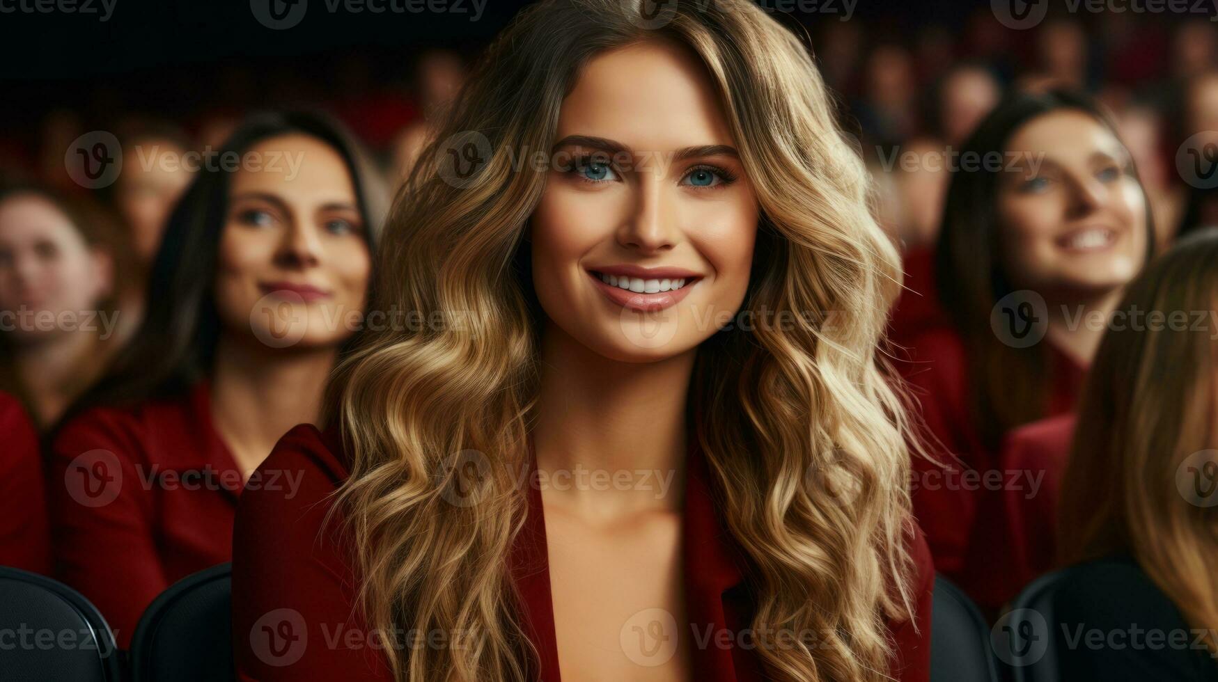 AI generated A stunning woman in red sits among the audience, captivated by the event. Generative AI photo