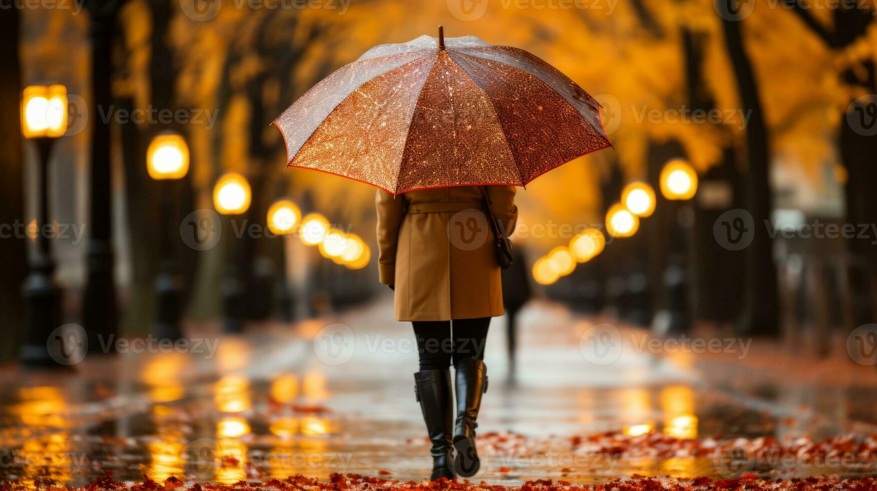 AI generated A woman with an umbrella walking gracefully down a rain-soaked street. Generative AI photo