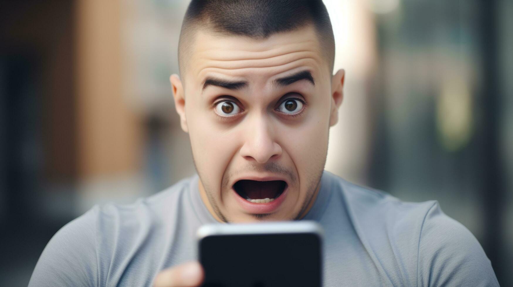 AI generated A man with a surprised expression looks at his phone, captivated by what he sees on the screen. Generative AI photo