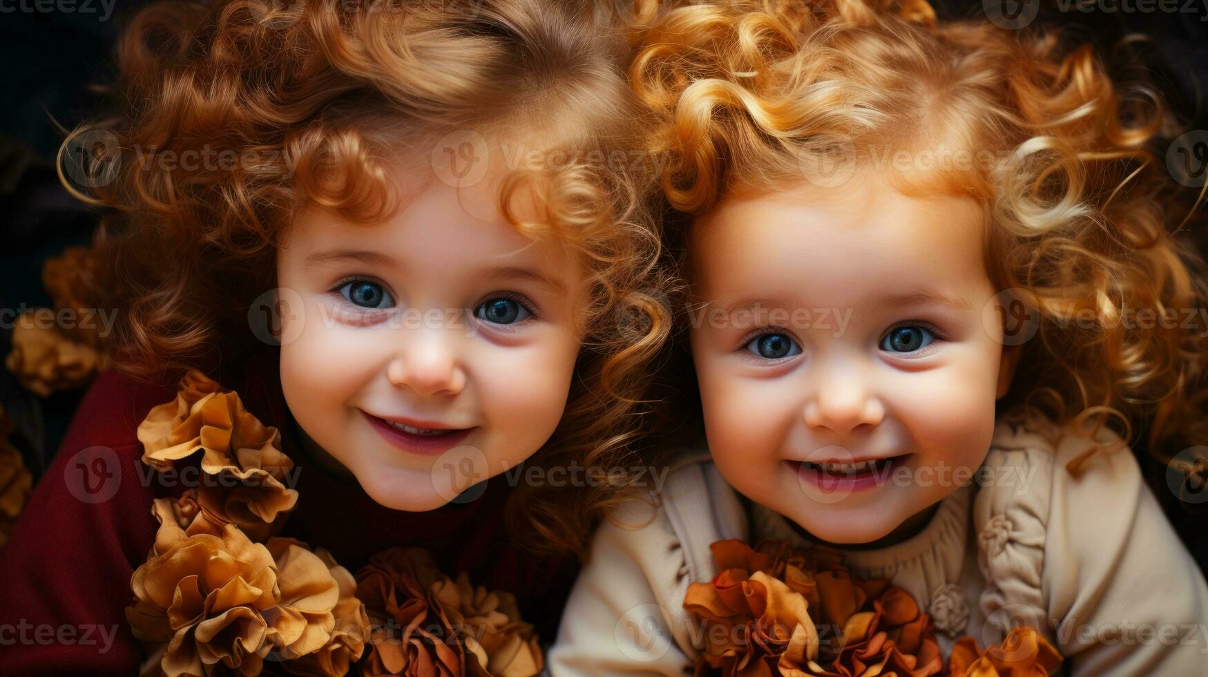 AI generated Two little girls with curly and red hair are smiling. Generative AI photo