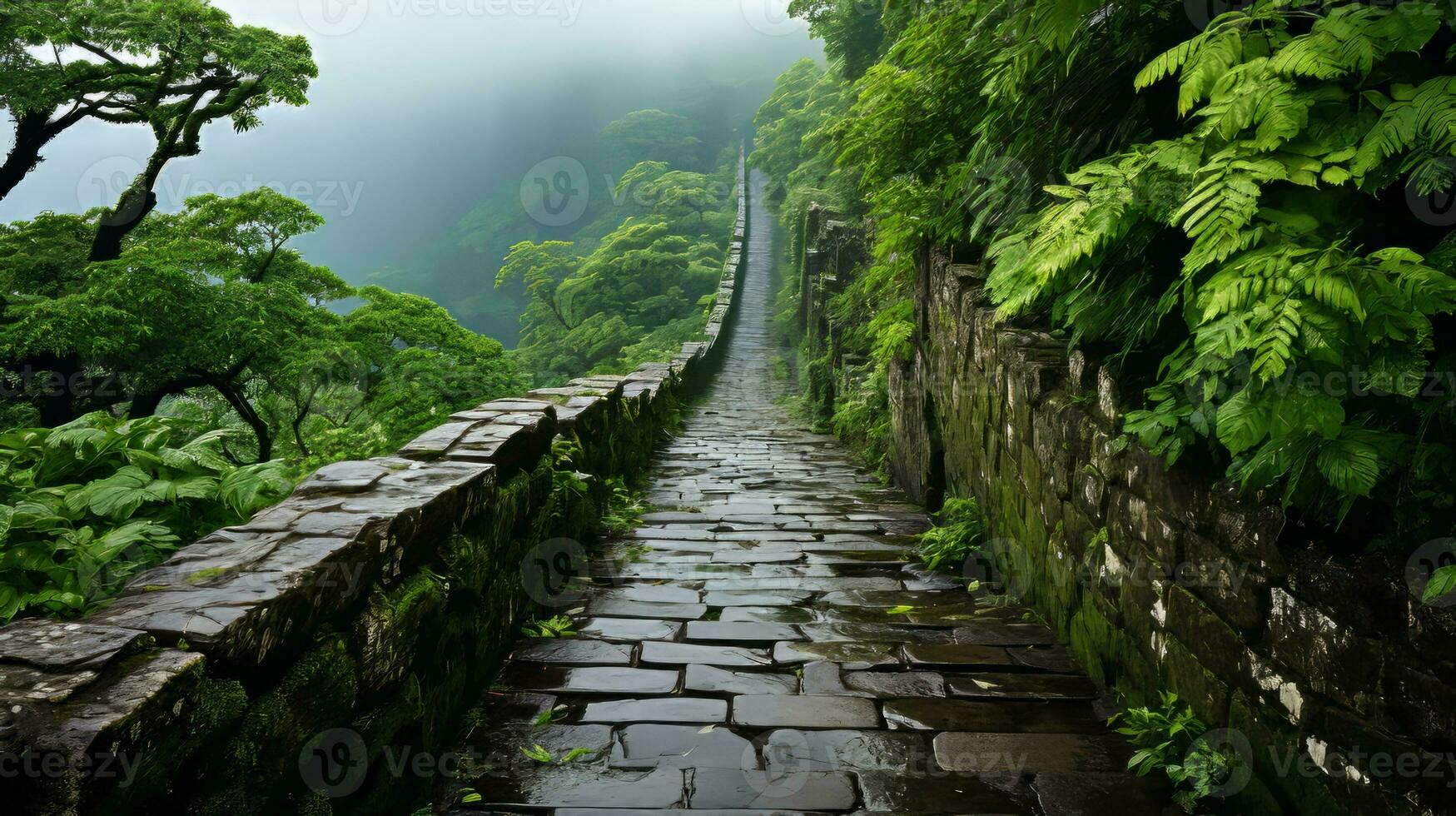 AI generated A road surrounded by lush greenery in a forest. Generative AI photo
