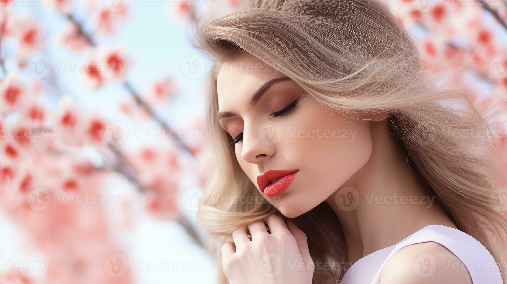 AI generated A stunning blonde woman with red lips and a white dress, radiating beauty and elegance. Generative AI photo