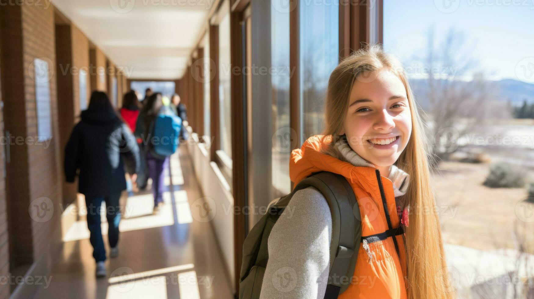 AI generated A happy student in an orange jacket walking down a hallway. Generative AI photo