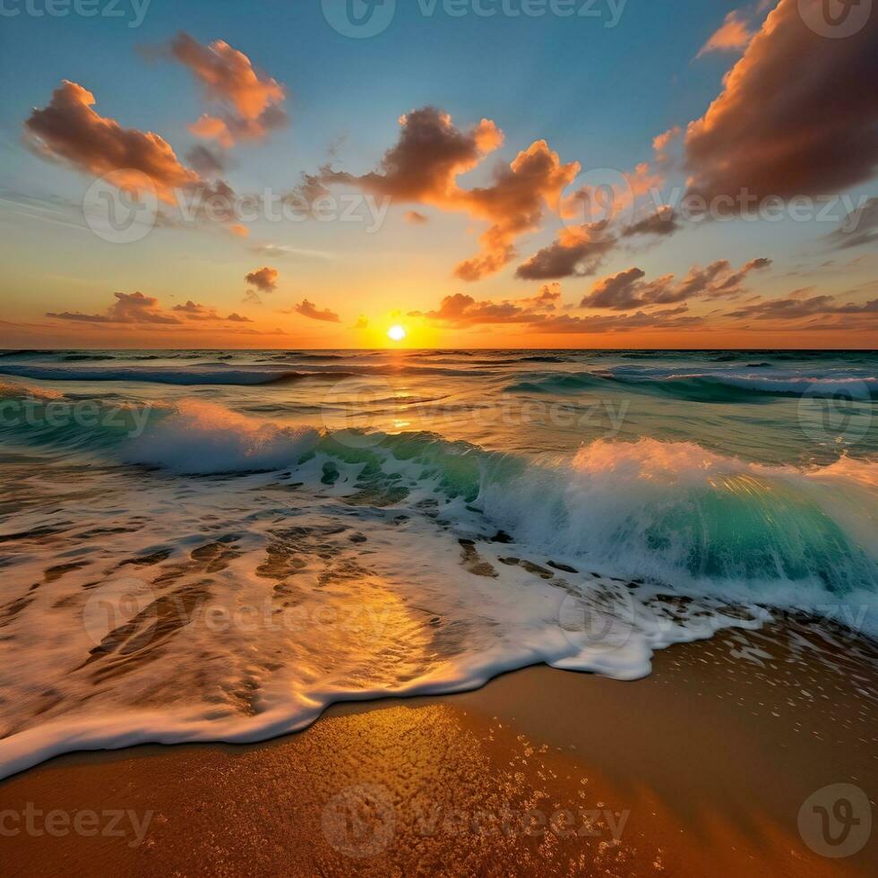 ai generado un sereno playa a atardecer, fundición calentar matices terminado el tranquilo ondas. concepto de relajación y natural belleza. escénico ver de mar en contra cielo durante puesta de sol foto