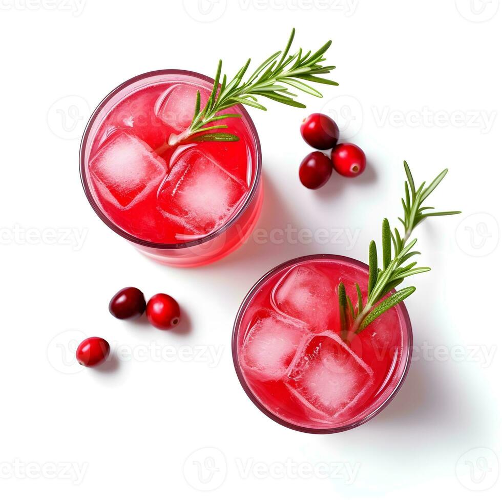 AI generated Tasty refreshing cranberry cocktail isolated on white, top view photo