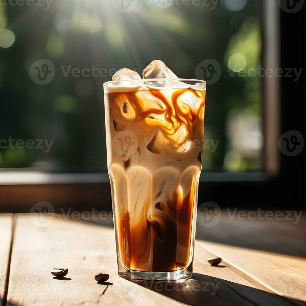 AI generated Cold brew coffee with milk and ice cubes in transparent glass. Cold summer healthy drinks concept. photo