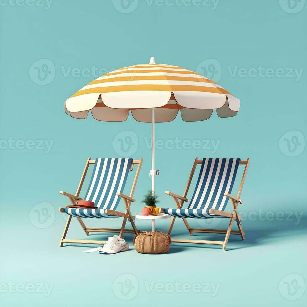 AI generated Open yellow beach umbrella, deck chair, inflatable ball and accessories on blue background. photo