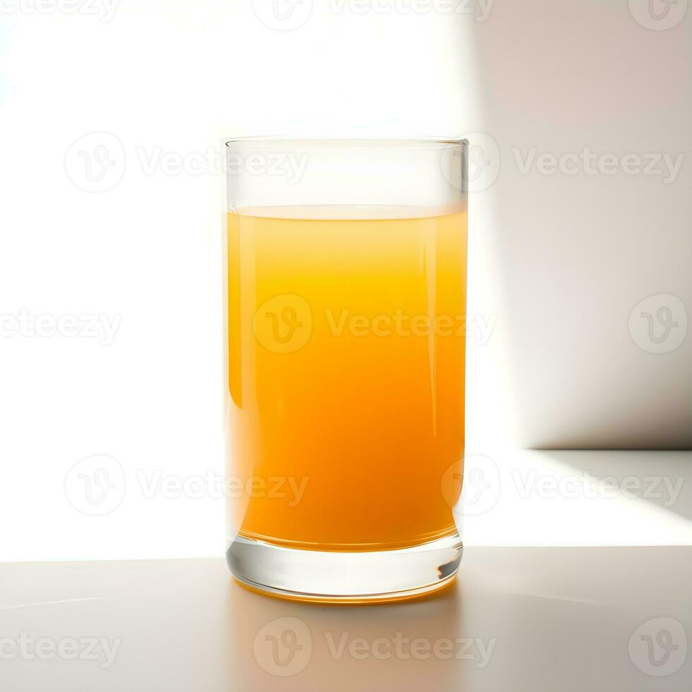 AI generated Orange juice in the glass on white background with shadow of sun in morning sun light. Fresh juicy oranges, fresh squeezed orange juice, refreshing summer drink. photo