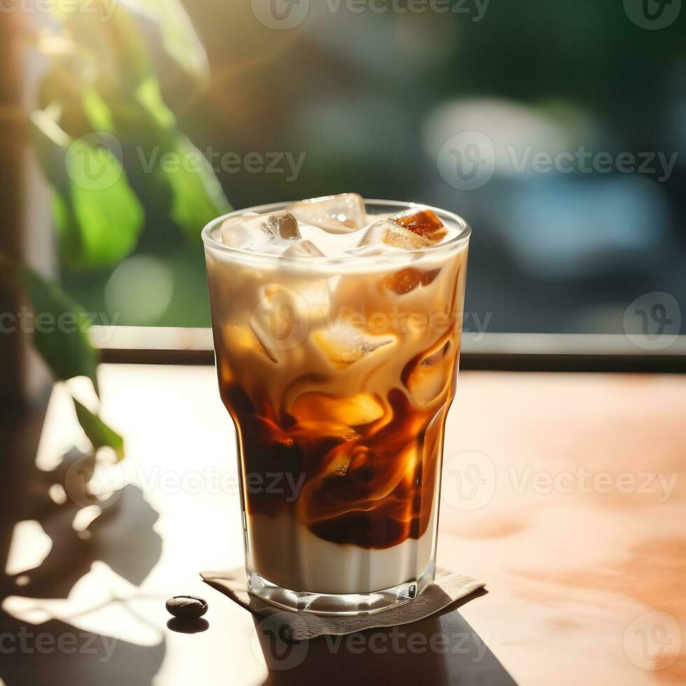 AI generated Cold brew coffee with milk and ice cubes in transparent glass. Cold summer healthy drinks concept. photo