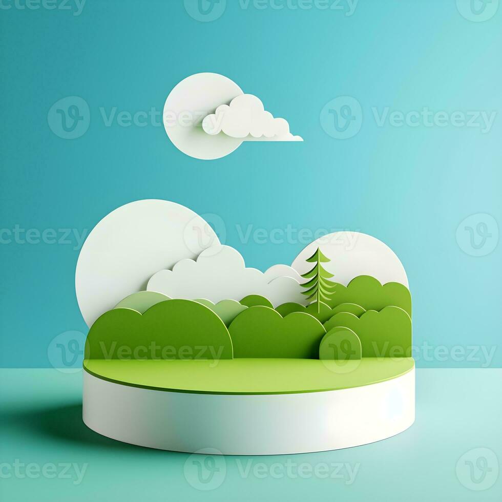 AI generated Beautiful Nature in Paper Cut Style. paper field landscape summer landscape with green hills and blue sky white clouds layers cut paper vector creative 3d nature ecology graphic photo