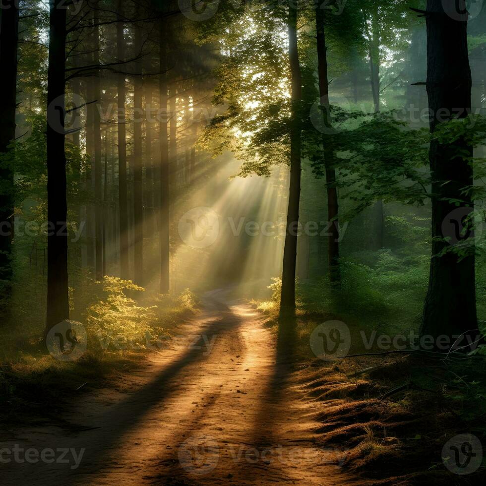 ai generado un bosque sendero a amanecer bañado en un cálido, atractivo brillo, vientos sus camino mediante el imponente conífero arboles el del sol rayos filtrar mediante el árboles, fundición largo oscuridad foto