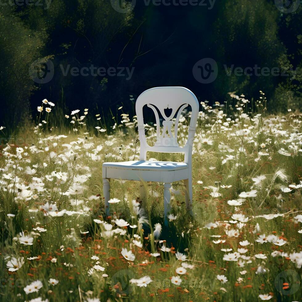 AI generated White chair in the park the big green field. Chair in the grass meadow with a white daisy and yellow dandelion flower, scenery in the morning spring season photo