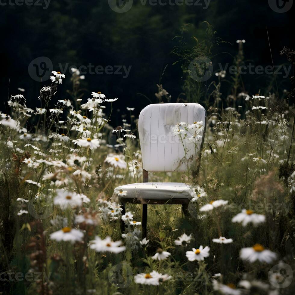 AI generated White chair in the park the big green field. Chair in the grass meadow with a white daisy and yellow dandelion flower, scenery in the morning spring season photo