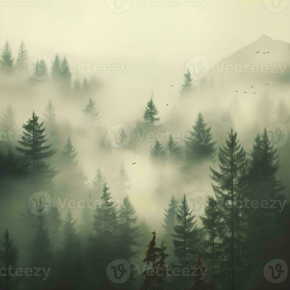 AI generated Misty foggy mountain landscape with fir forest and copyspace in vintage retro hipster style photo