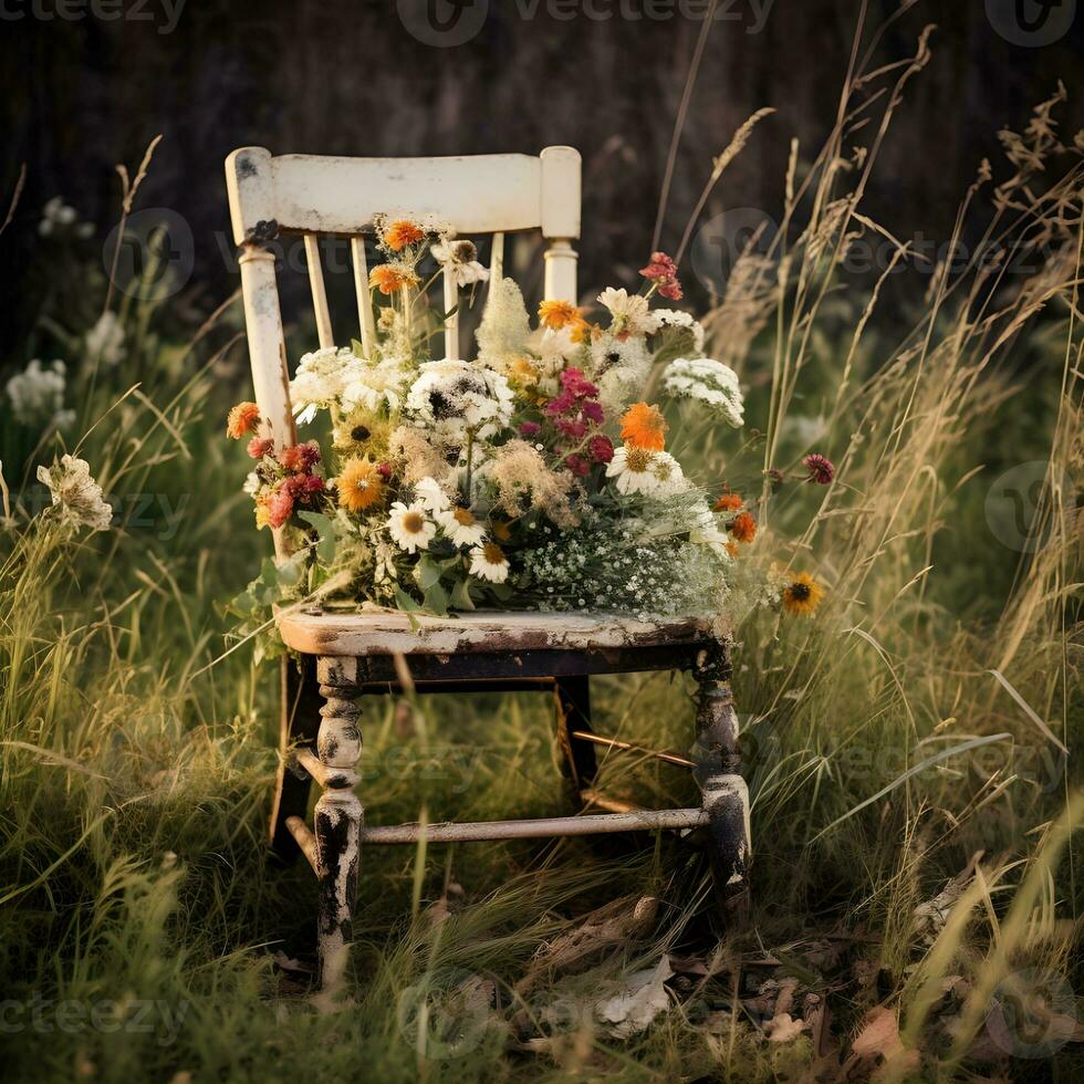 AI generated View of chair on garden. Flower on Bench Against Green Foliage. An old weathered wooden sitting bench surrounded by decorative cottage garden style plants. photo