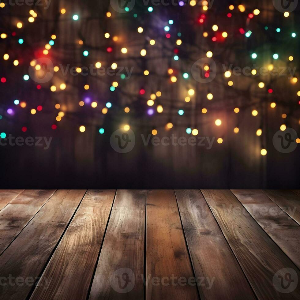 AI generated Christmas lights on empty table. Background Defocused wood. christmas light background over wood planks. photo