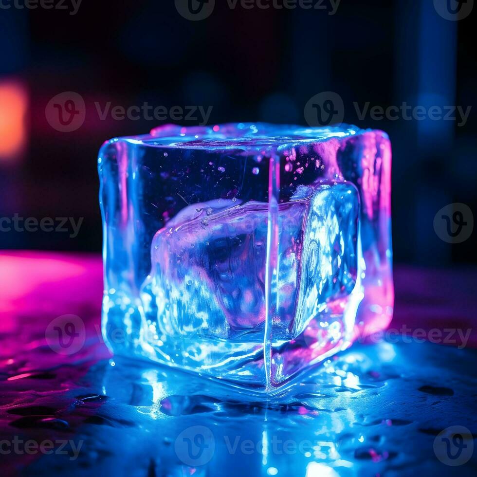 AI generated Clear Acrylic Cubes on Glittering Blue Background. Wet ice cubes with blue background. Macro shoot. photo
