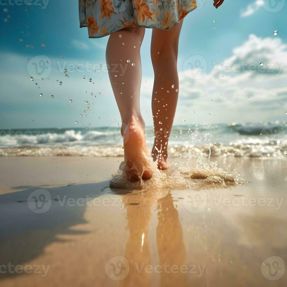 Cropped image of beautiful girl splashing water with her legs while walking along the beach photo