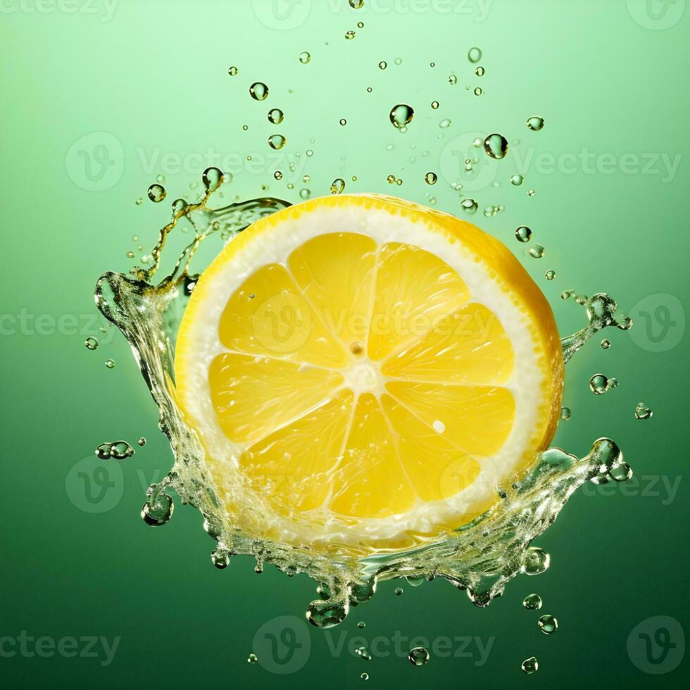 AI generated Fresh lemon slice in water with bubbles. Close-up of a lime slice in liquid with bubbles. Slice of ripe lime in water. Close-up of fresh lime slice covered by bubbles. photo