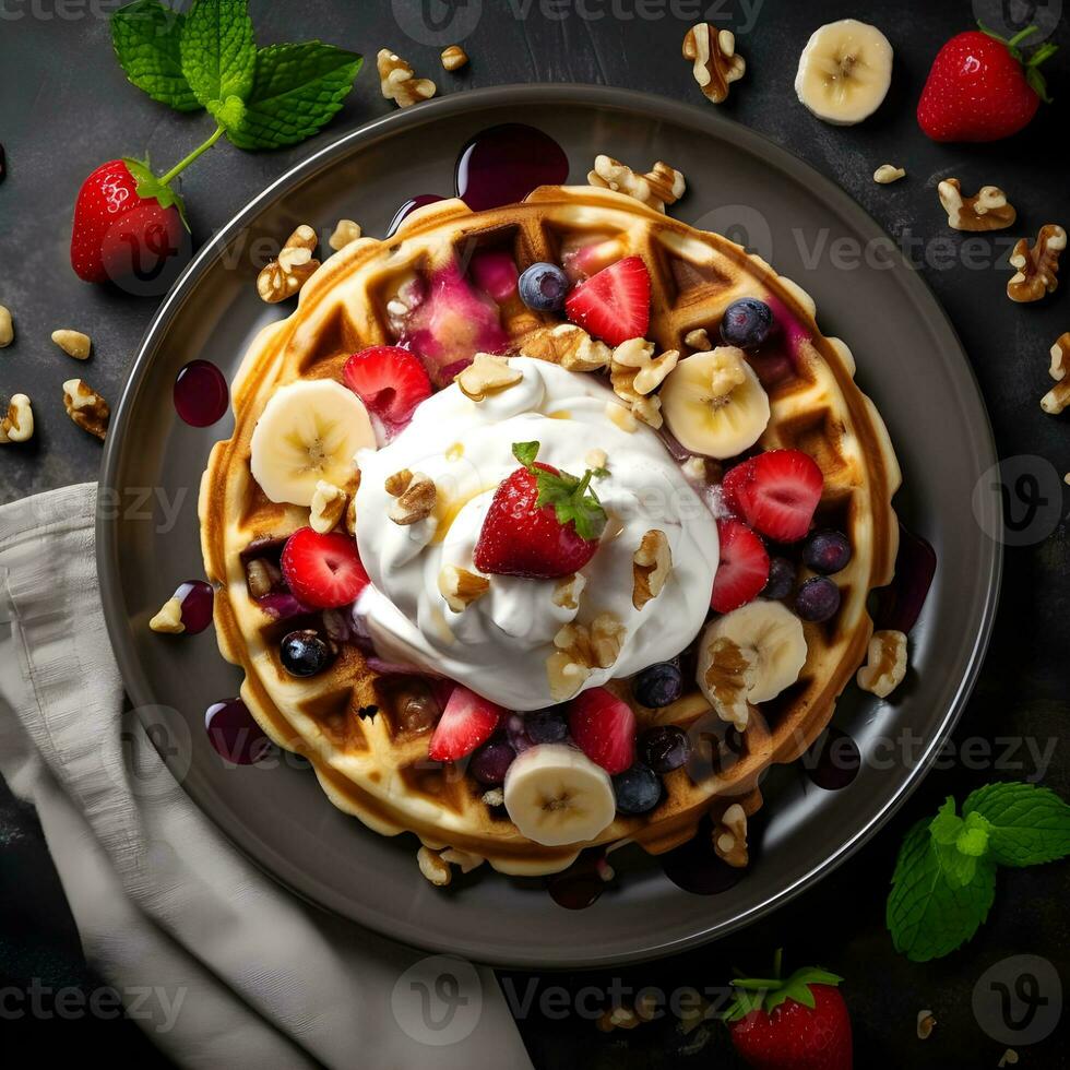 AI generated High angle view of breakfast served on table. Waffle with blueberry Jam and whipped cream. photo