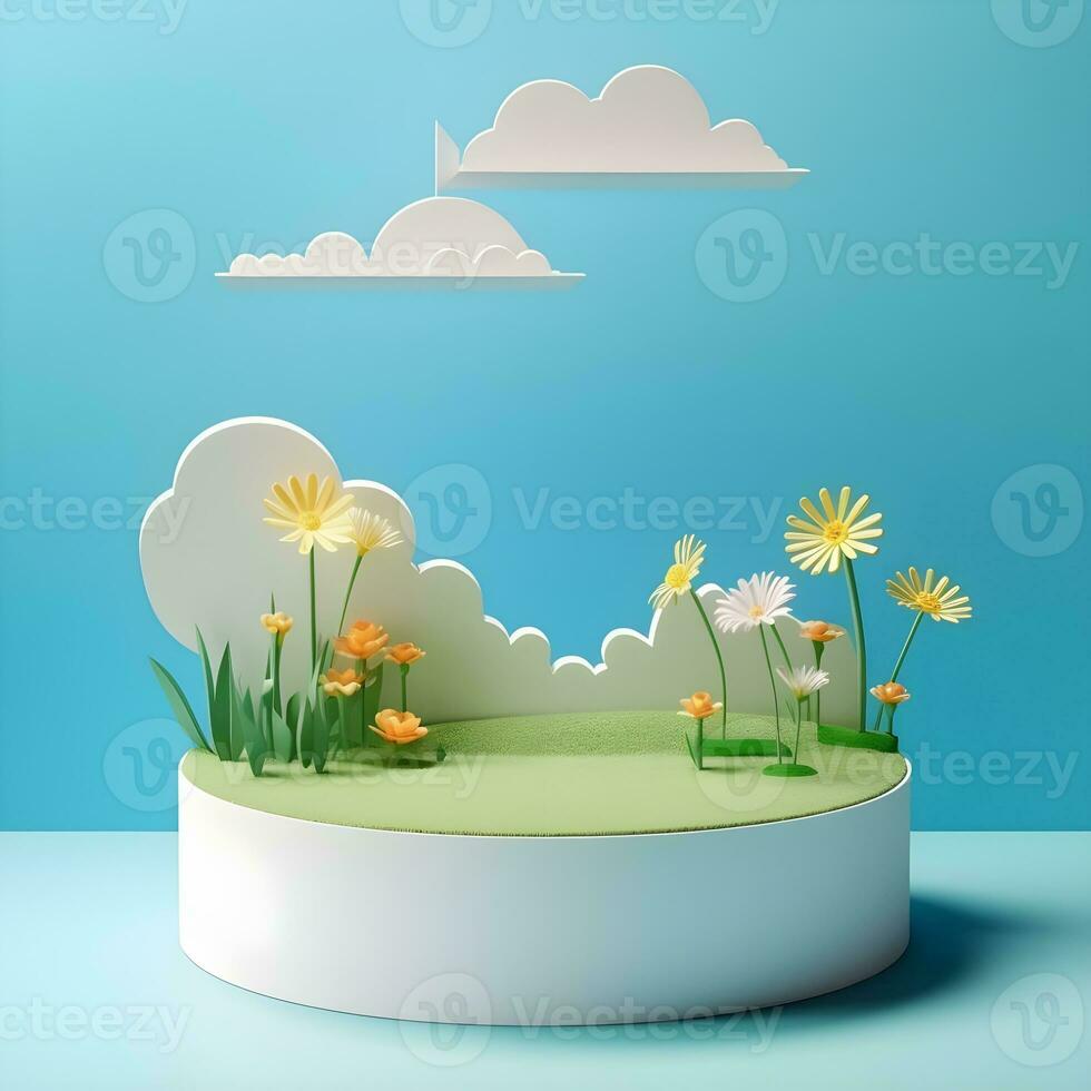 AI generated Beautiful Nature in Paper Cut Style. paper field landscape summer landscape with green hills and blue sky white clouds layers cut paper vector creative 3d nature ecology graphic photo