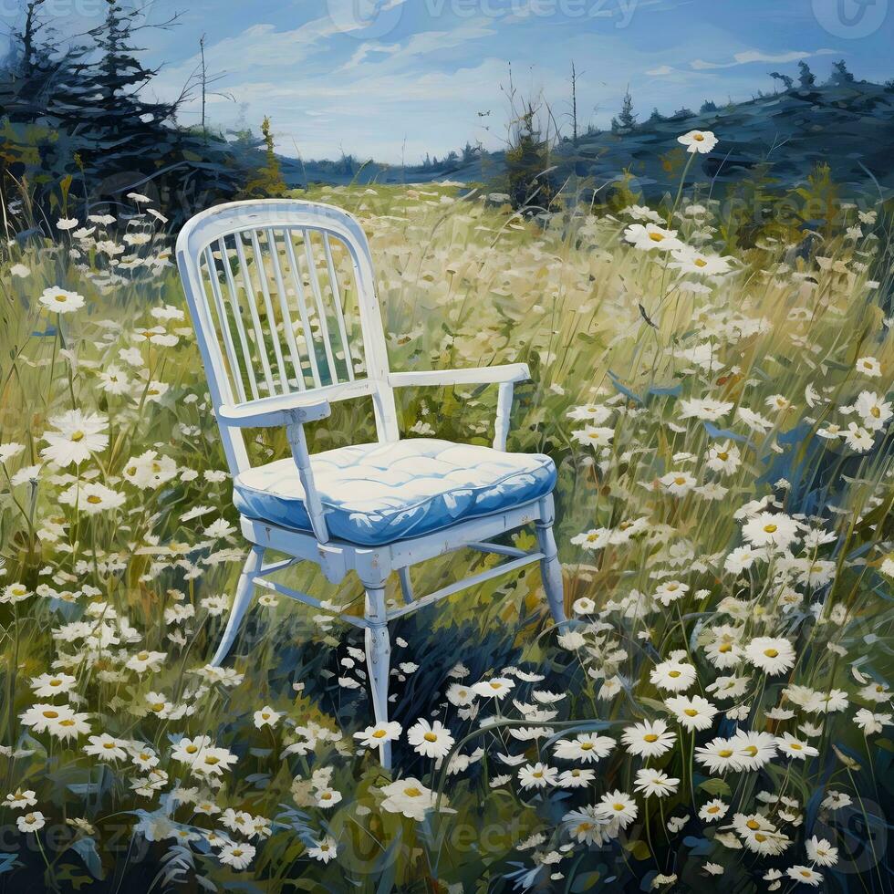 AI generated White chair in the park the big green field. Chair in the grass meadow with a white daisy and yellow dandelion flower, scenery in the morning photo
