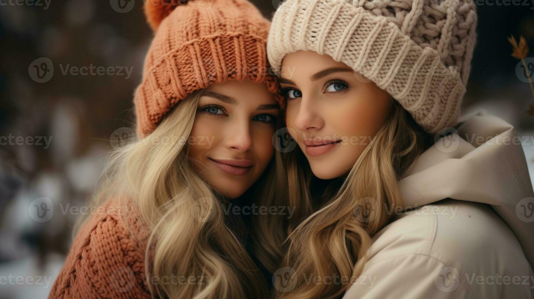 AI generated Two women wearing knitted hats, smiling and posing for a photo in a snowy landscape. Generative AI