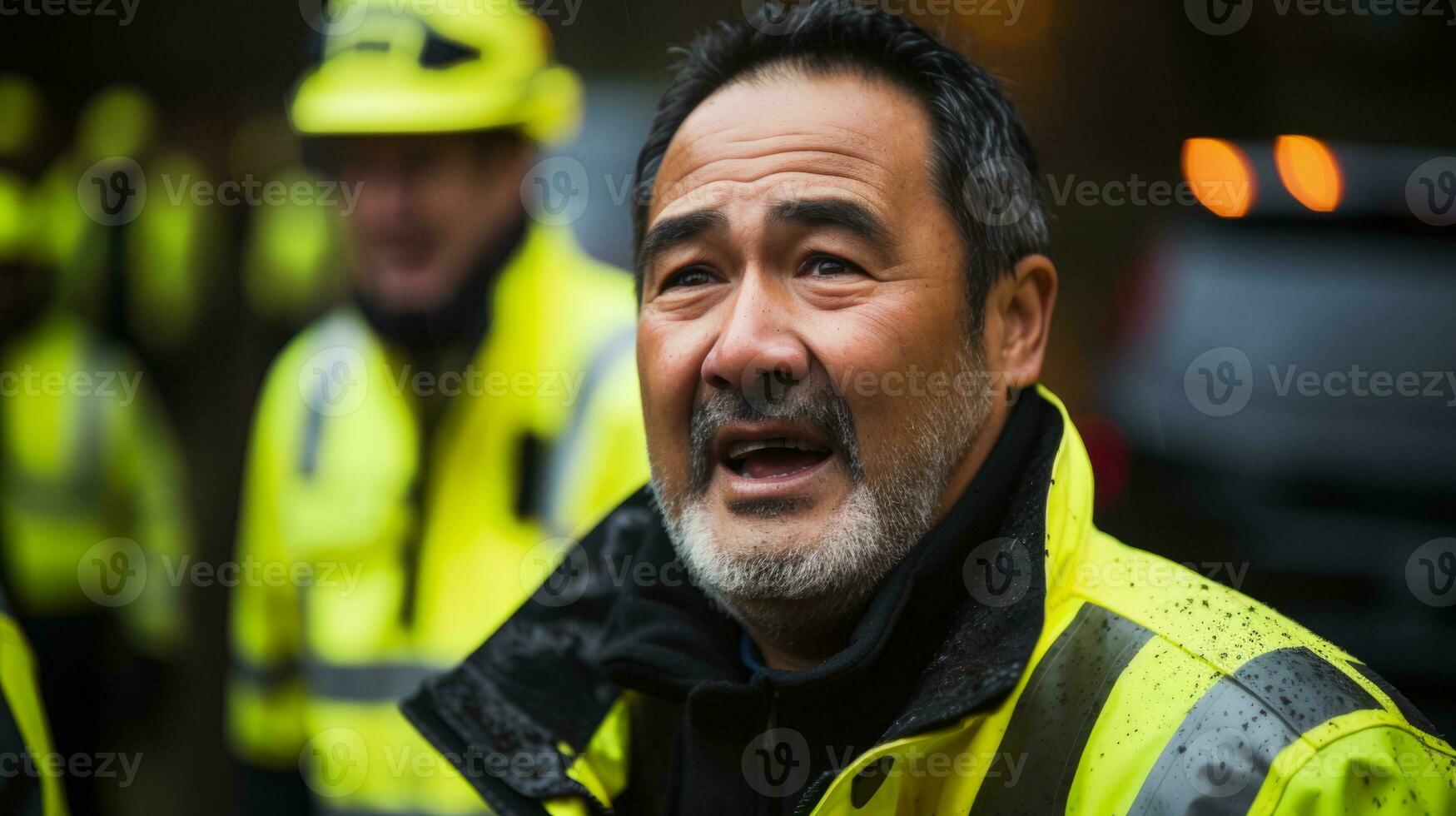 AI generated A man wearing a yellow vest and hard hat, ready for work at a construction site. Generative AI photo