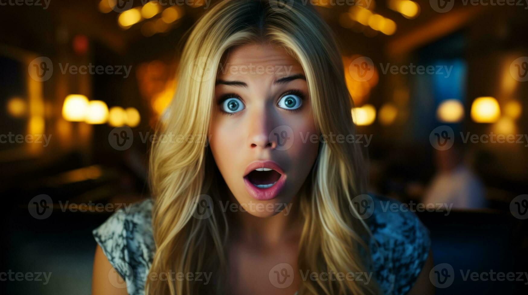 AI generated A woman with a shocked expression looking directly at the camera, displaying surprise or disbelief. Generative AI photo