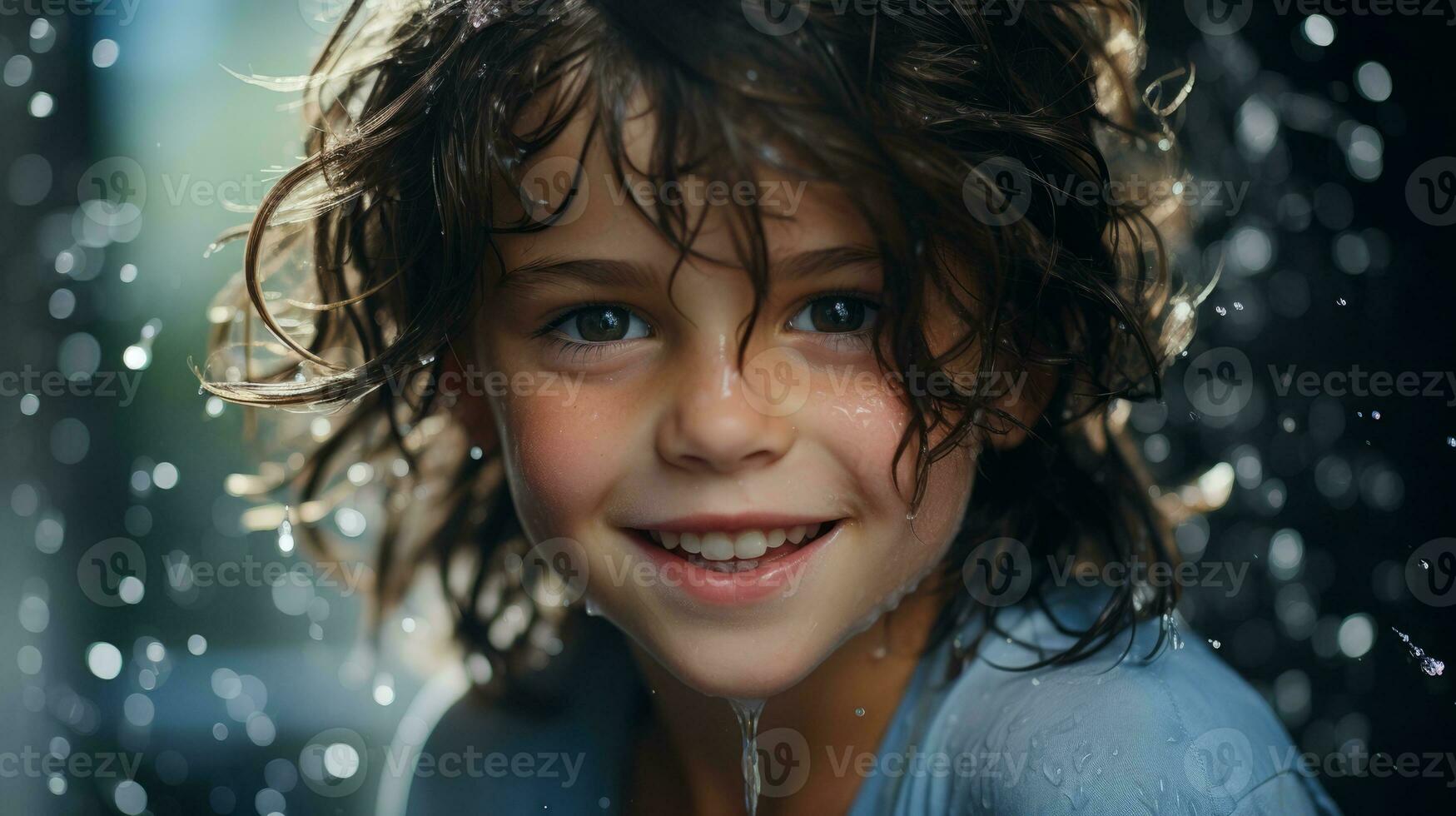 AI generated A young boy smiles happily under falling rain droplets. Generative AI photo