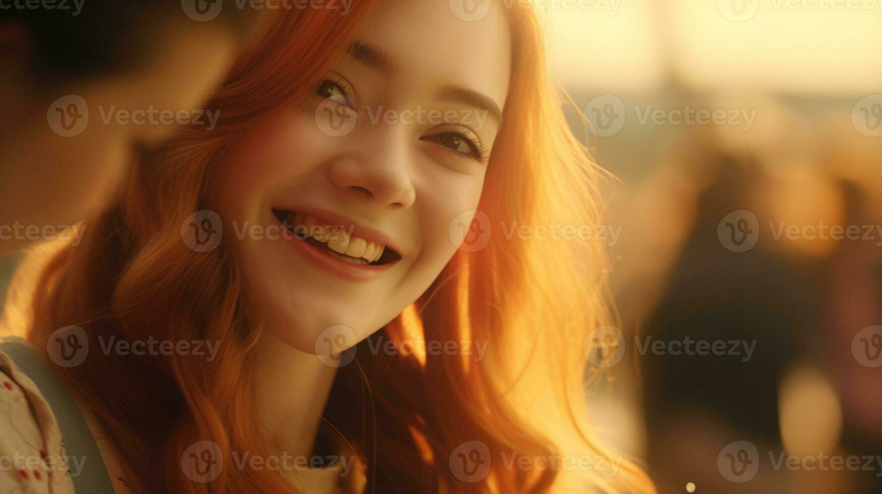 AI generated A woman with red hair smiling at the camera, radiating warmth and happiness. Generative AI photo