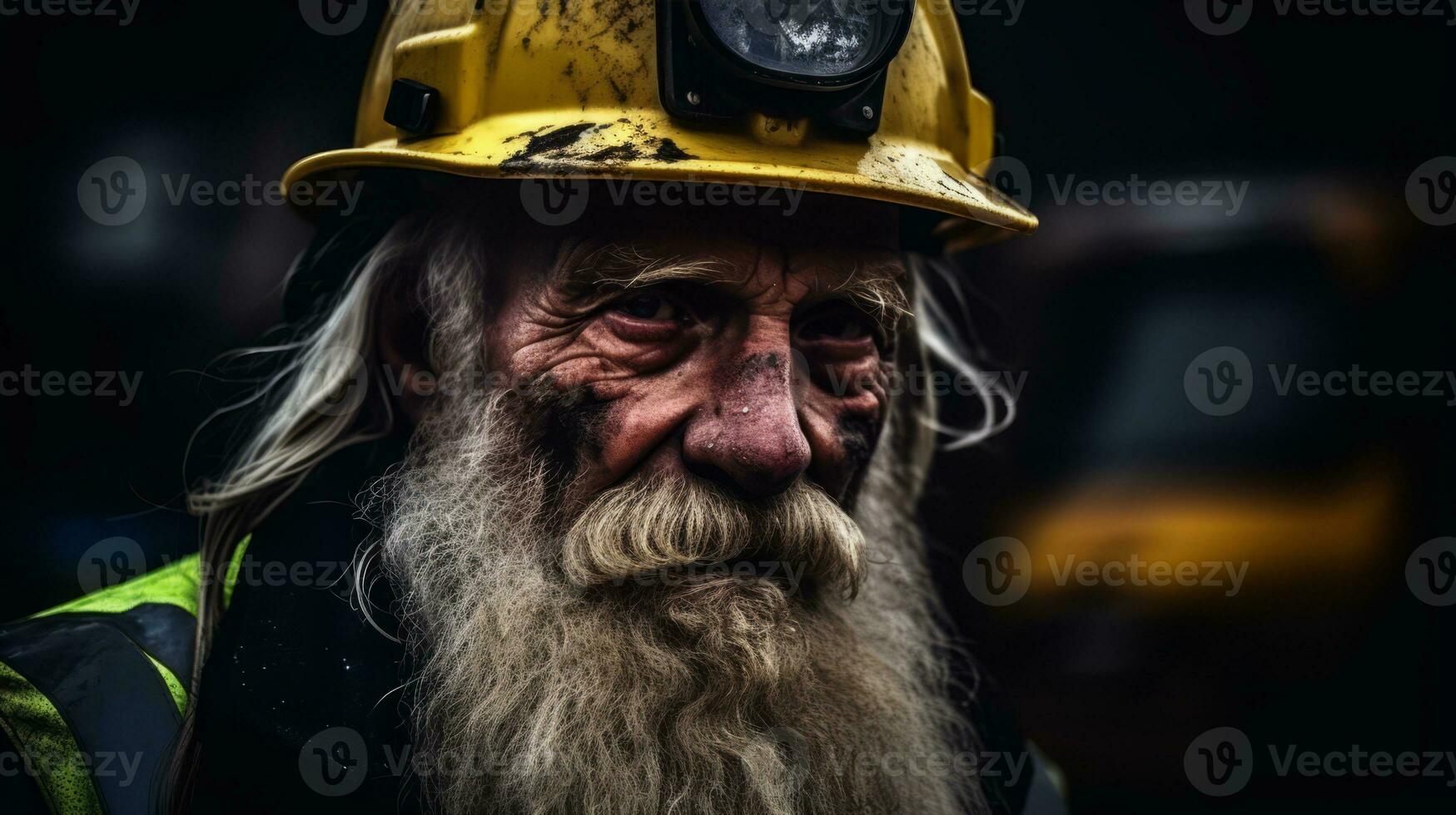 AI generated An elderly miner with a lengthy white beard wearing a yellow hard hat. Generative AI photo