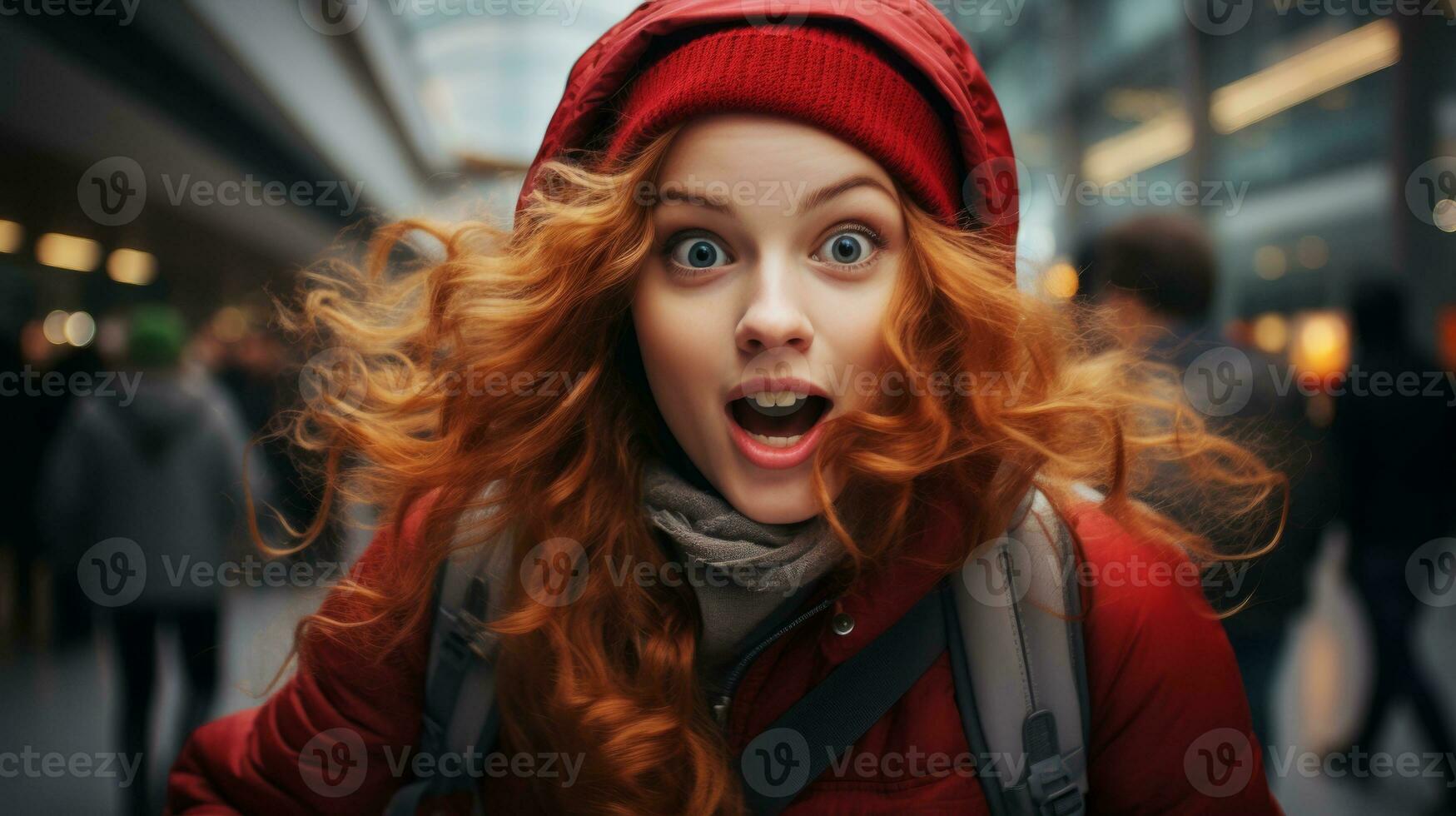 AI generated A woman with red hair and a red jacket looks surprised. Generative AI photo