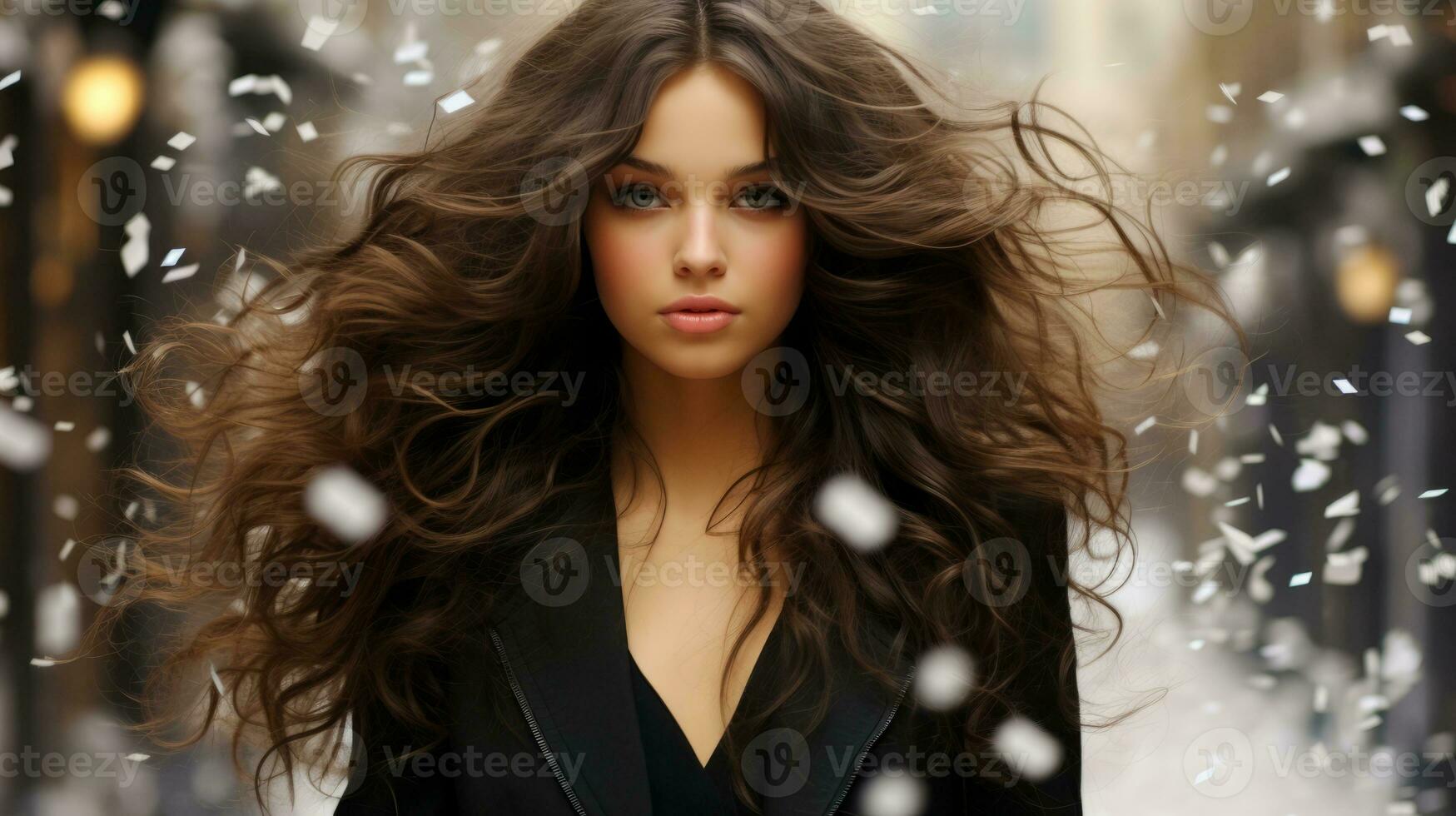 AI generated A woman with flowing hair strolling through a bustling cityscape, surrounded by tall buildings and busy streets. Generative AI photo