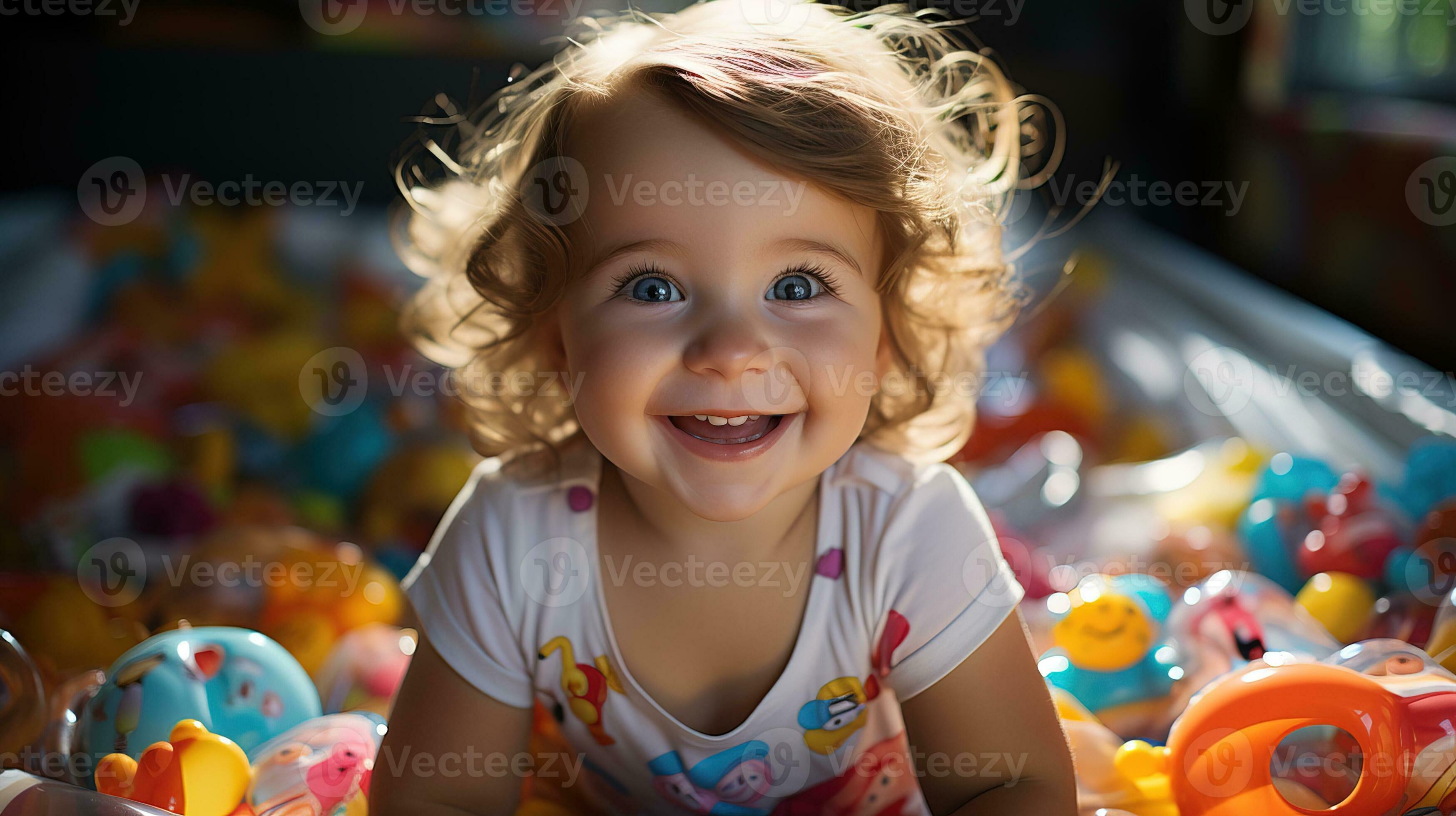 AI generated Baby lying face down in bed and smiling happily