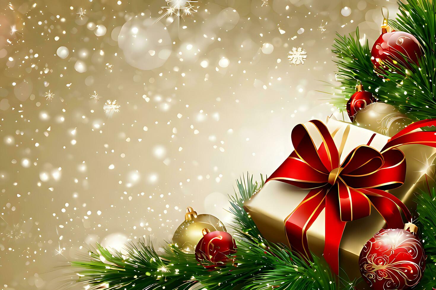 AI generated Christmas gift box with ribbon, present box, snowy fir tree, and many presents are sitting on a wooden table with Christmas decorations photo