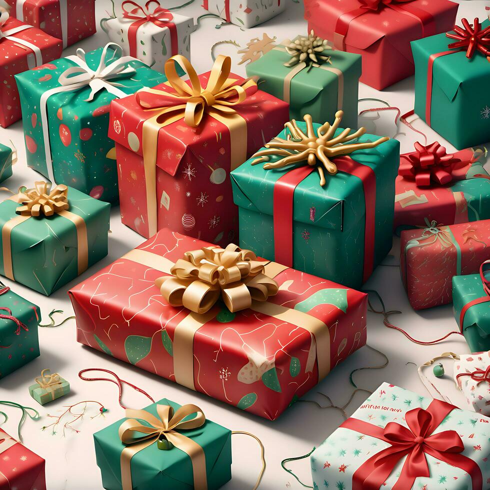 AI generated Many presents are arranged in a pile of Christmas red and green gift boxes with ribbon photo