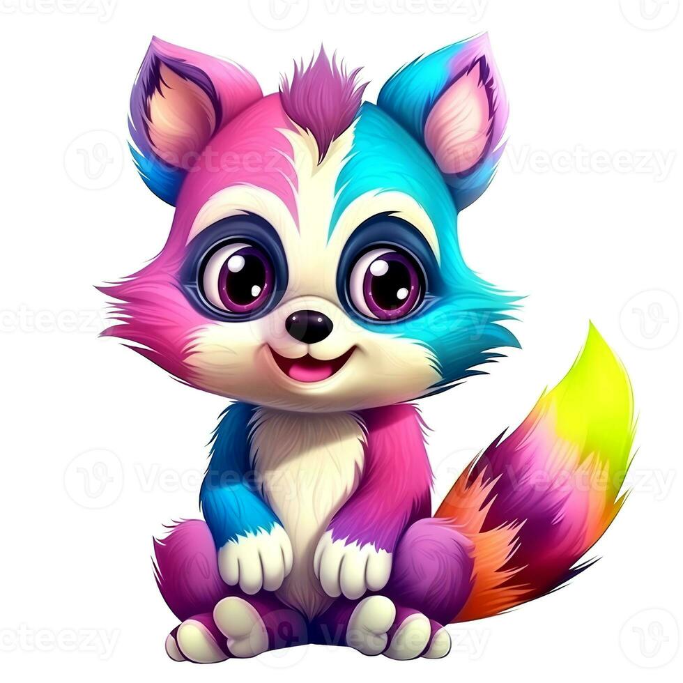 AI generated Cute rainbow raccoon. Sticker Clipart. AI generated. photo