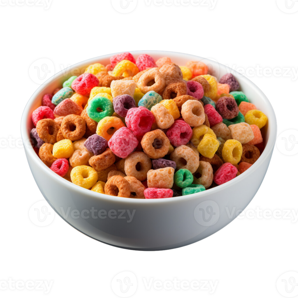 ai generado vistoso cereal bucles en blanco cuenco png