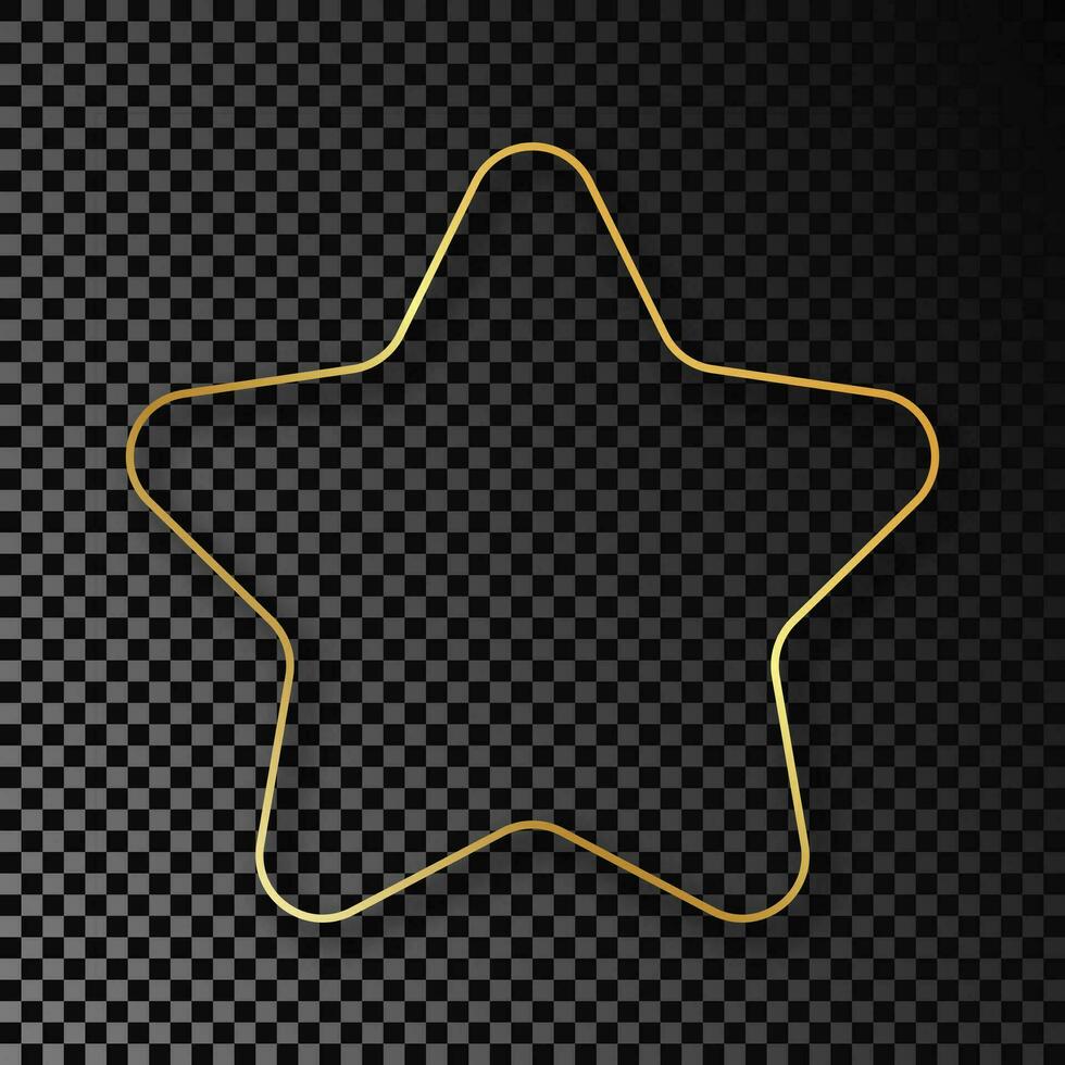 Gold glowing rounded star shape frame with shadow isolated on dark background. Shiny frame with glowing effects. Vector illustration.