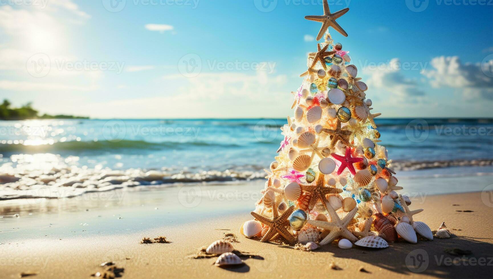 AI generated Christmas tree made of seashells on the beach at sunset. photo