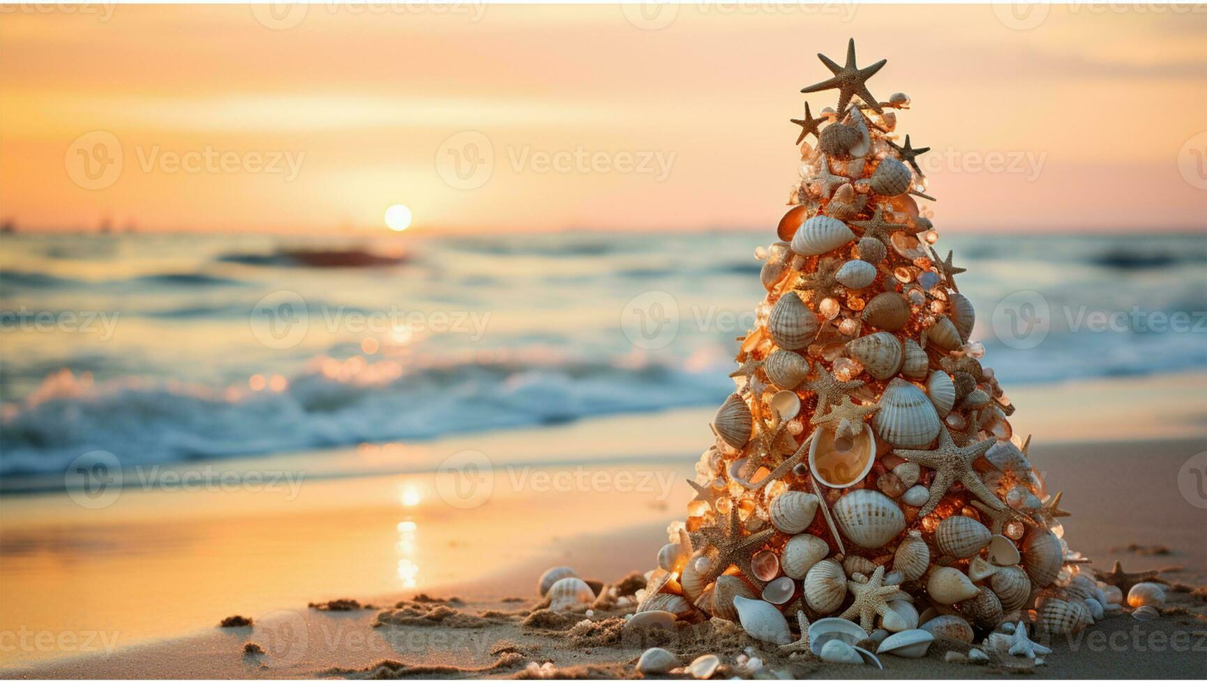 AI generated Christmas tree made of seashells on the beach at sunset. photo