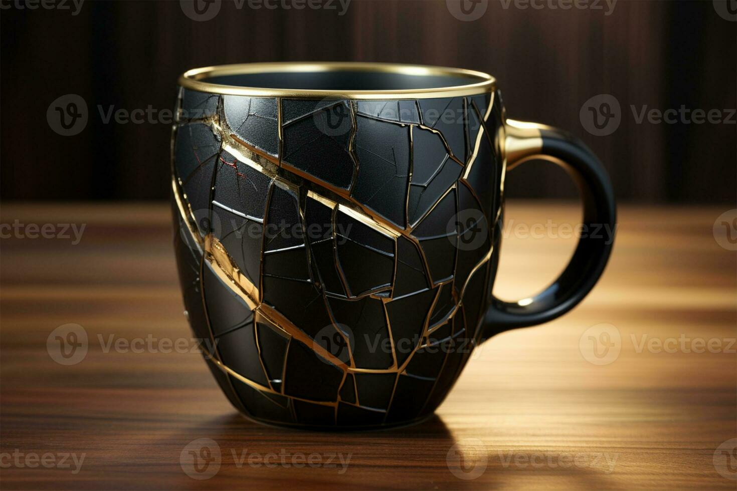 AI generated Coffee cup with broken glass on a wooden table. 3D rendering photo