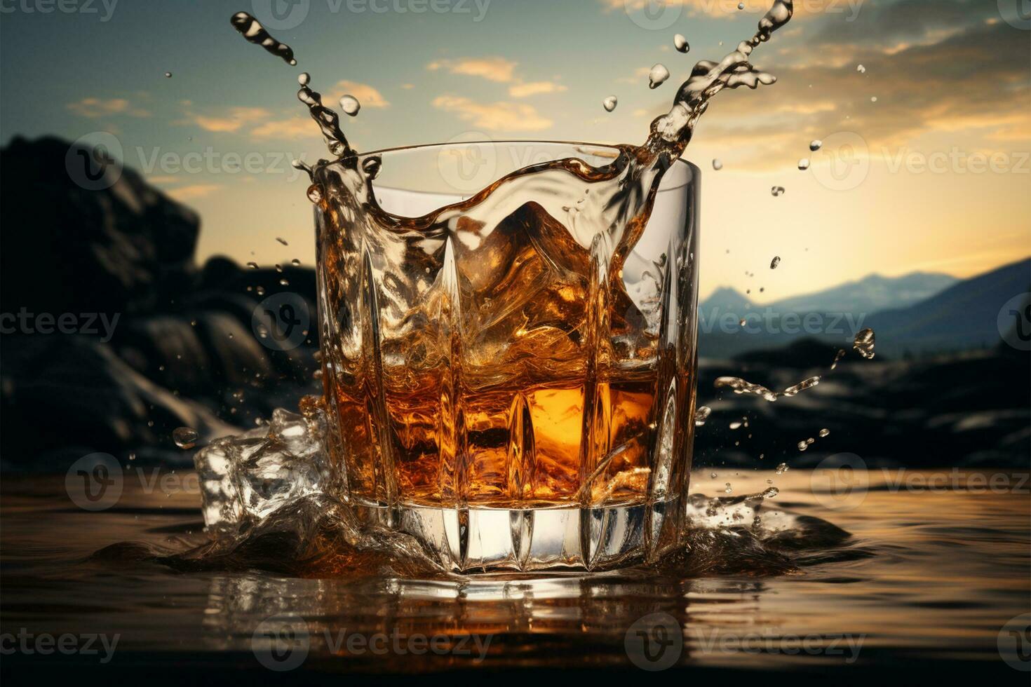 AI generated Glass of whiskey with ice on the background of mountains and sunset. photo