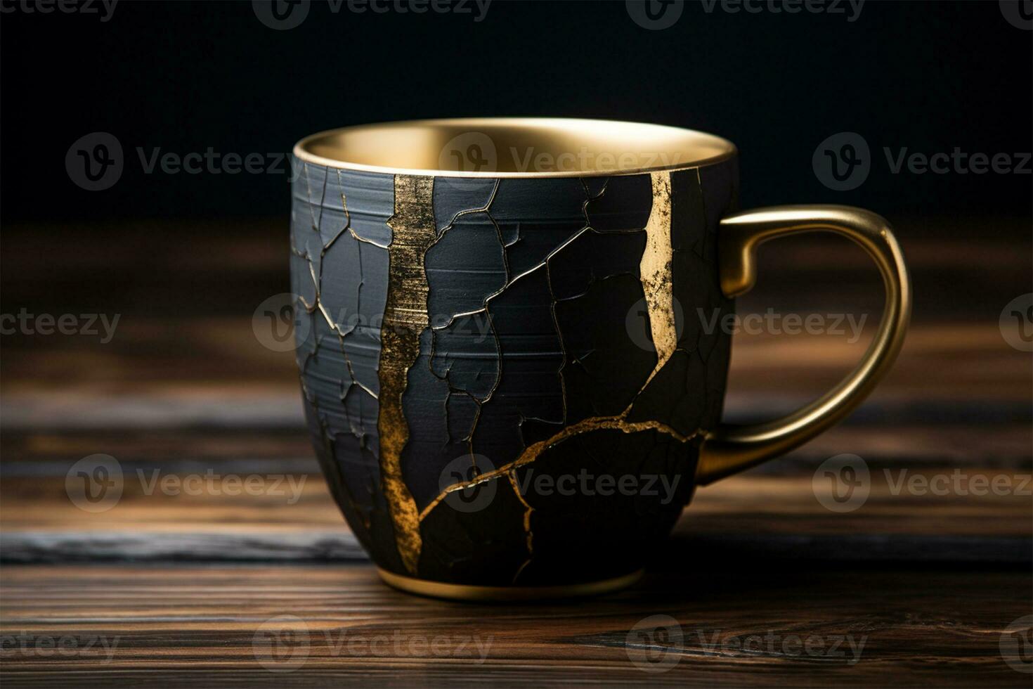 AI generated Coffee cup with broken glass on a wooden table. 3D rendering photo