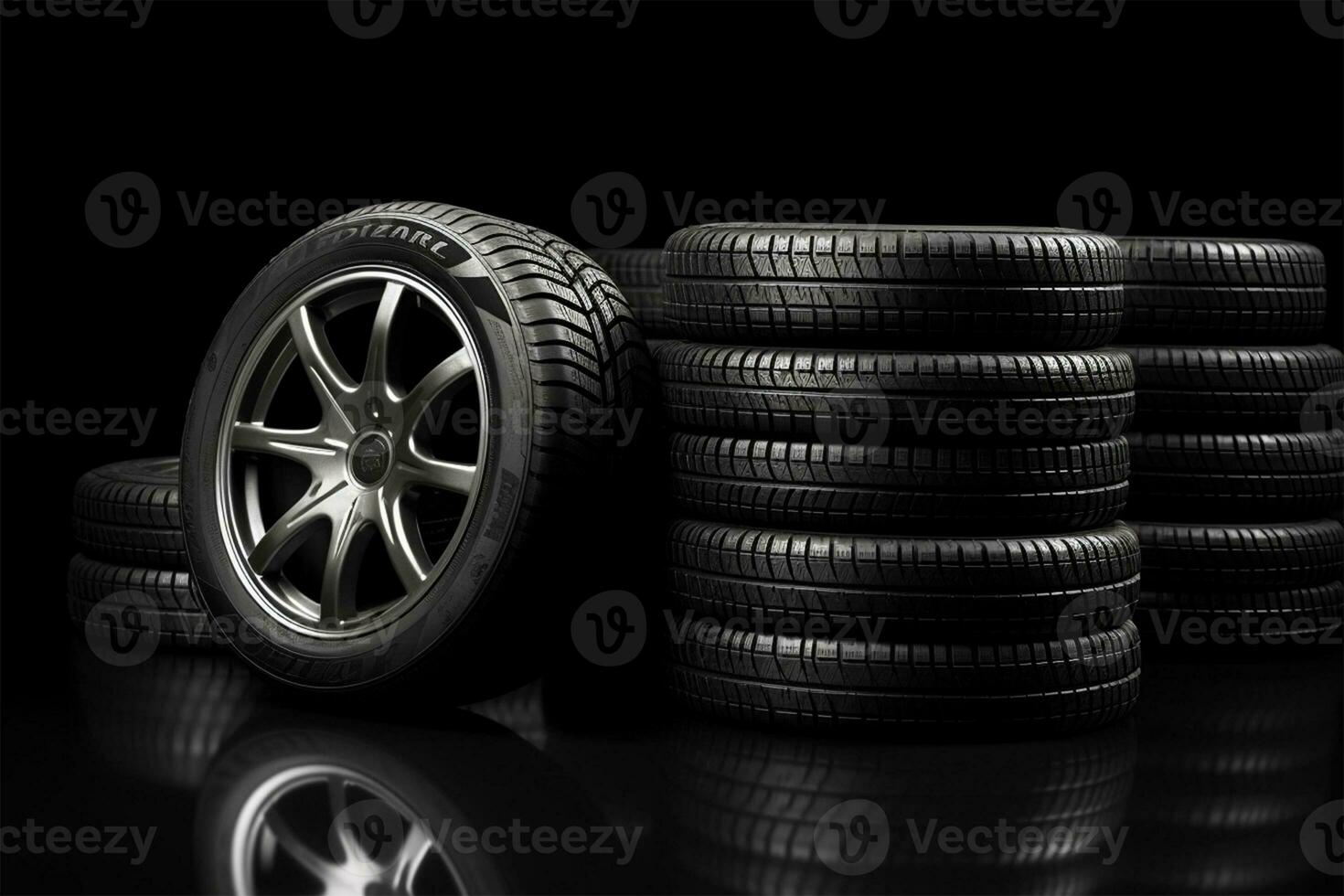 AI generated Car tires on a black background. 3d illustration. Elements for design. photo