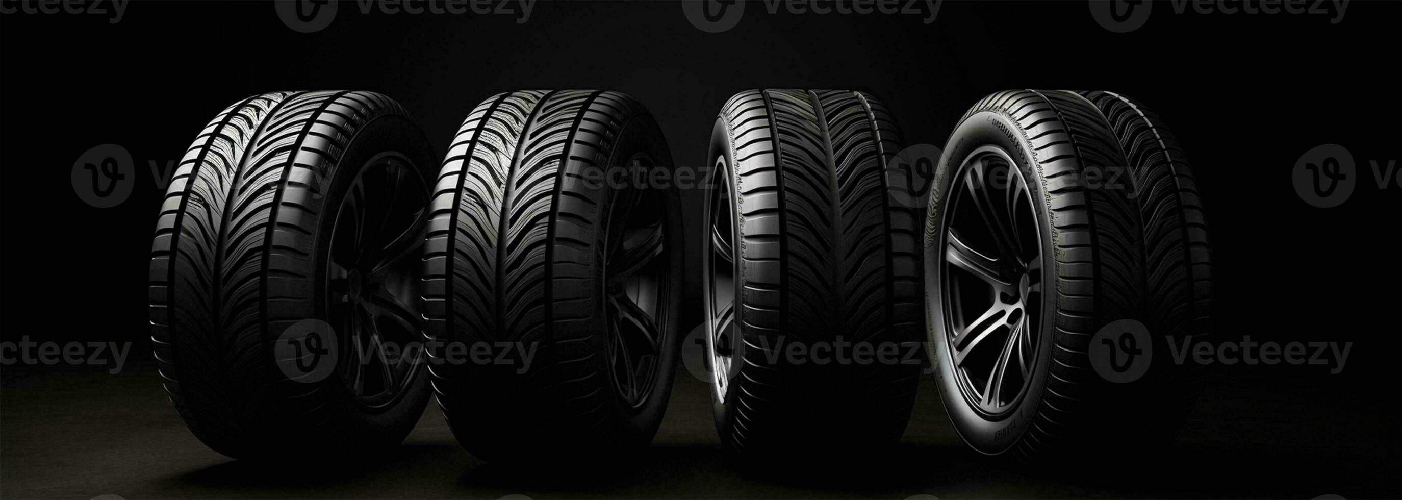 AI generated Car tires on a black background. 3d illustration. Elements for design. photo