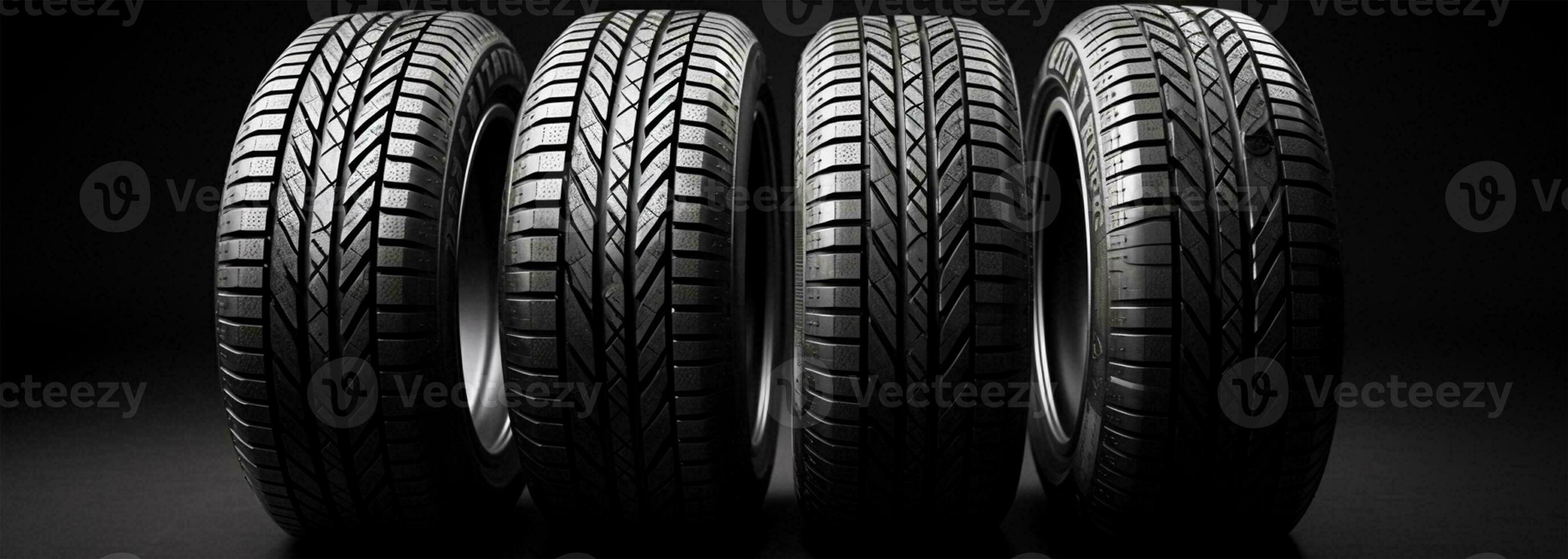 AI generated Car tires on a black background. 3d illustration. Elements for design. photo