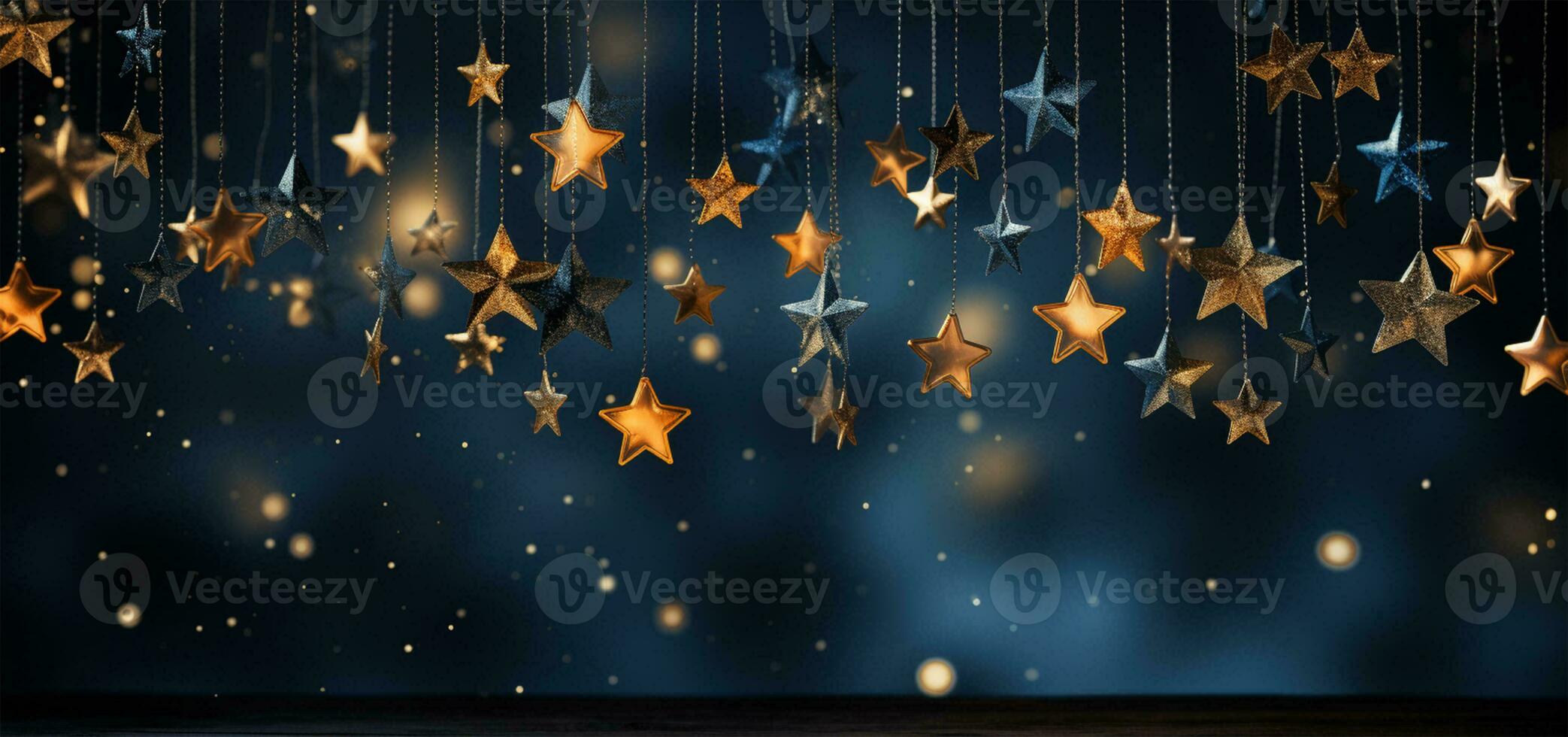 AI generated Christmas and New Year holidays background with silver and gold stars on bokeh background. photo