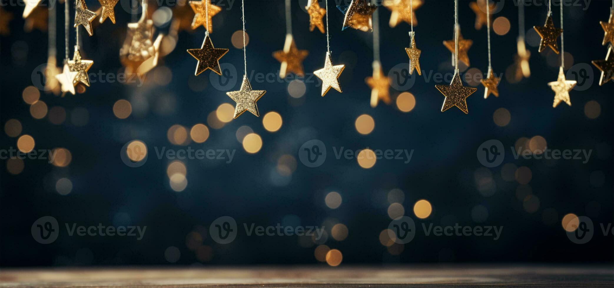 AI generated Christmas and New Year holidays background with silver and gold stars on bokeh background. photo